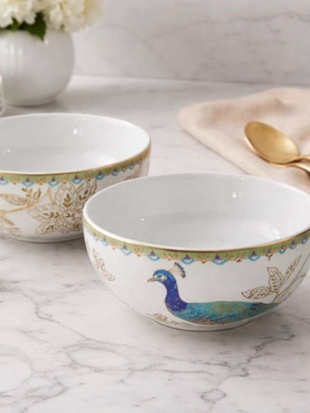 222 Fifth Peacock Garden Soup Cereal Bowl Fine China Porcelain Gold Trim